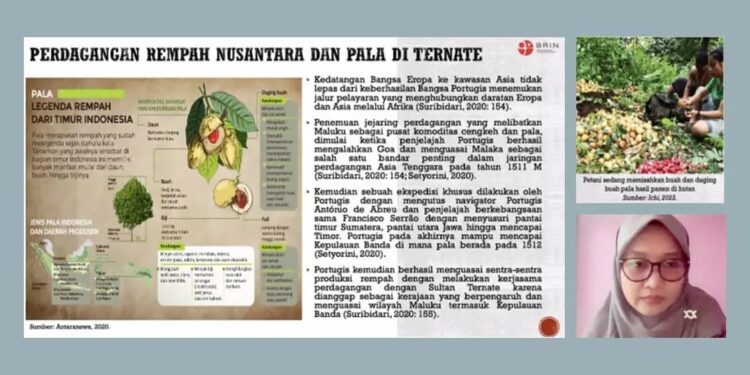 Periset Pusat Riset Kewilayahan (PRW) Badan Riset dan Inovasi Nasional (BRIN) Dina Srirahayu, dalam Forum Diskusi Pusat Riset Kewilayahan (PRW) dengan tema “Gosora Ternate: Arti Pala Bagi Masyarakat dan Kesejahteraan Petani Ternate”. Forum tersebut digelar secara daring pada Jumat (23/02/2024). Dok. Humas BRIN